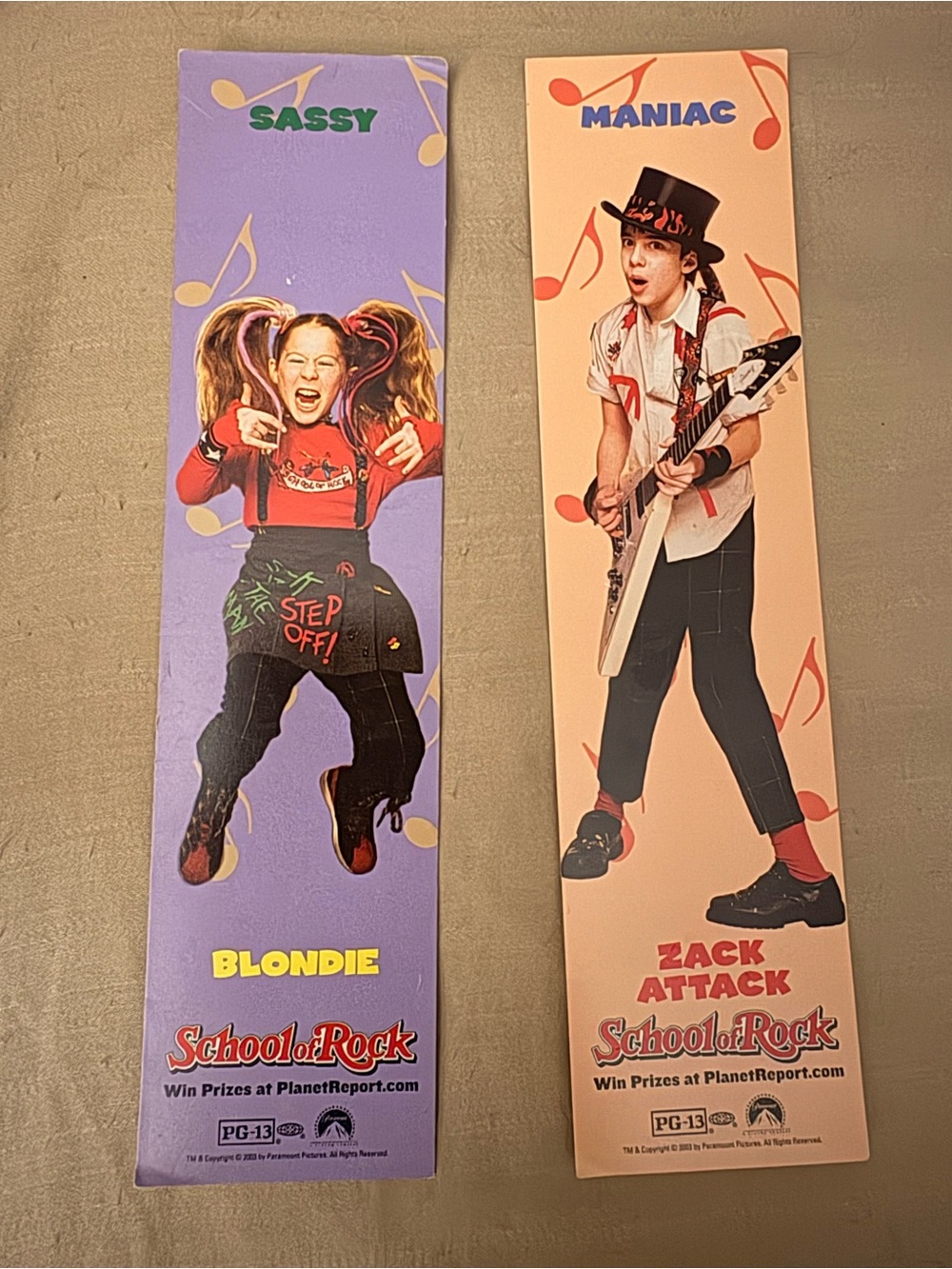 School of Rock Blondie & Zack Attack Character Bookmarks - 2003 Movie Promo